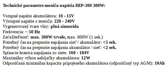 Technické parametre sínusového meniča napätia HIP-300